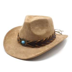 Faux Suede Western Cowboy Hat Ethnic Vintage Wide Brim Fedora With Turquoise Stone And Braided Band For Men Women