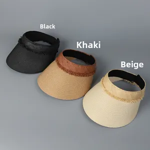 Three colors of straw sun visors featuring elegant lace fringe and adjustable straps
