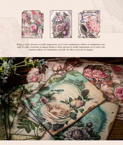 Detail of vintage floral collage paper featuring roses and artistic English script text