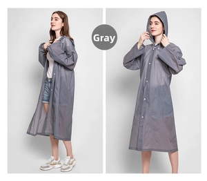 Detailed view of long hooded translucent grey EVA raincoat with button closure and drawstring