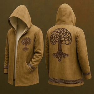 Detail view of brown hoodie featuring Celtic Tree of Life embroidery and tribal borders