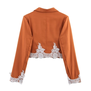 Elegant caramel cropped blazer for women with white lace trim on cuffs and hem