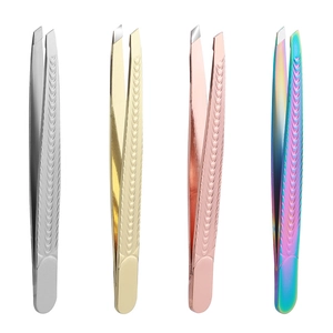 Set of four precision stainless steel eyebrow tweezers in silver, gold, rose gold and rainbow