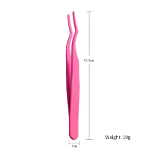 Pink stainless steel precision eyelash tweezers with scale measurements, 12.8cm length