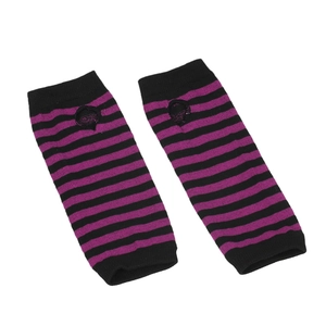Detail view of purple and black striped knitted arm warmers with thumb holes