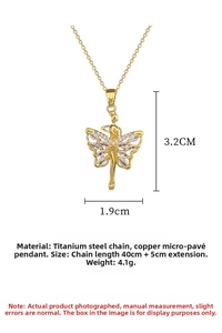 Detailed view of butterfly fairy pendant with white zircons and dimensions on gold chain