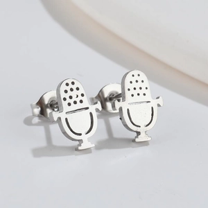 Silver microphone shaped stud earrings in polished stainless steel for music lovers