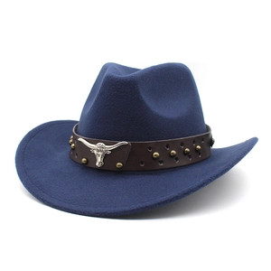 Cappello da cowboy blu navy in lana con fascia in pelle e decoro testa di toro in argento