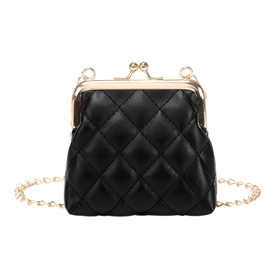 Mini quilted leather kiss-lock wallet in black with elegant gold chain shoulder strap