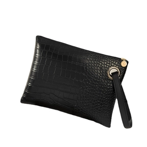 Minimalist black crocodile pattern briefcase bag with gold ring handle and metal zipper