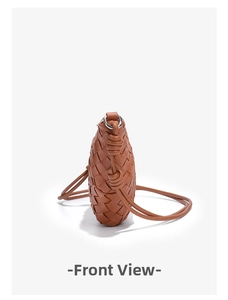 Side view of caramel woven leather crossbody bag with knot shoulder strap detail
