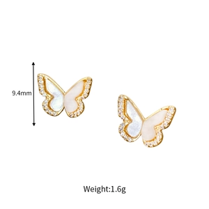 Detail view of butterfly stud earrings with dimensions 9.4mm and weight 1.6g