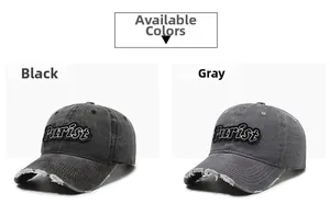 Detailed comparison of distressed Purist embroidery on black and gray vintage baseball caps