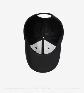 Detail of internal six-panel structure and reinforced lining on black baseball cap