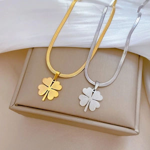 Titanium steel four-leaf clover snake chain necklace in gold and silver finish