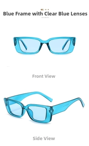 Detailed views of vintage small rectangular sunglasses in transparent blue finish