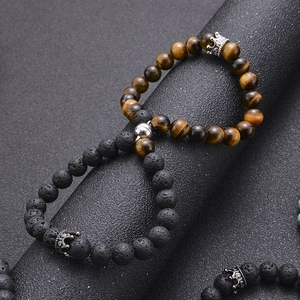 8mm tiger eye and lava stone couple bracelets with magnetic clasp and crown charms