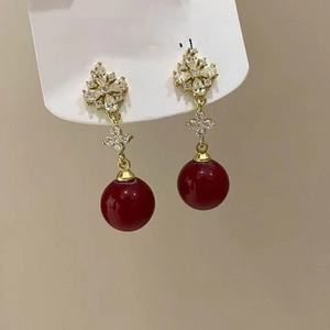 18K gold plated flower stud earrings with red resin bead and sparkling zircon accents