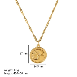 Detail view showing 18K gold stainless steel moon pendant size and necklace length info