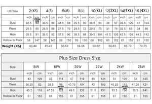 Detailed size chart for wedding dresses featuring US sizes, bust, waist, and hip measurements