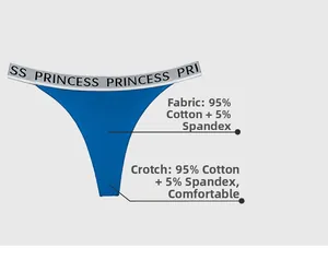 Detail of blue cotton thong featuring Princess lettered elastic waistband and soft texture