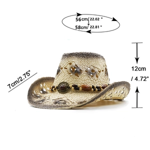 Elegant hollow straw cowboy hat with beaded band and retro metal disk, beige jazz sun hat