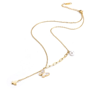 Minimalist gold titanium steel necklace with shell butterfly and pearl pendant charms