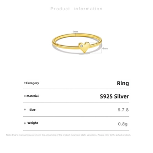 Detailed S925 silver gold heart ring specifications showing 1mm band and 4mm heart icon