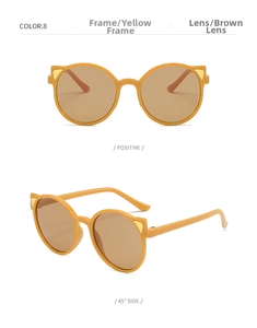 Detail of yellow cat ear sunglasses for kids with tea-tinted lenses in multi-angle view