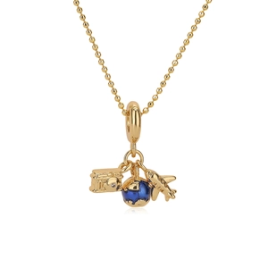 18K gold plated necklace with camera, blue globe, and airplane charms on a beaded chain