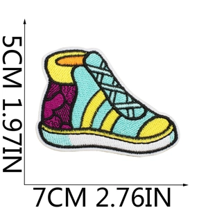 Detailed size view of colorful sneaker embroidered patch measuring 5cm height and 7cm width