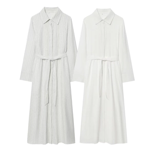 Women Long Sleeve Shirt Maxi Dress Belted High Waist Elegant Button Down Striped Solid Polyester Casual