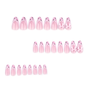 French style strawberry press-on nails with 3D pink bows and almond shape design