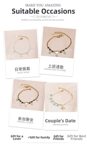 Detail of gold-plated bracelets featuring star and moon charms with colorful beads