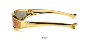 Zero-degree side view of futuristic Y2K wraparound sports sunglasses with golden finish