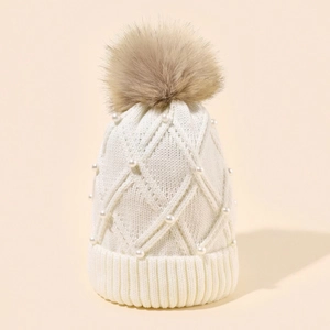 Women Winter Beanie Hat Knit Rhombic Pattern Faux Artificial Pearl Decoration Large Faux Fur Pom Pom Warm Solid Color Elegant