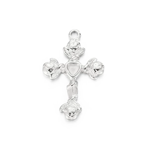 Silver stainless steel cross pendant featuring carved roses and a heart on white background