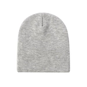 Classic light grey knit beanie cap with seamless minimalist design on white background