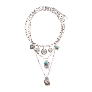 Mehrlagige silberne Boho-Halskette mit Türkis-Anhängern, Herz- und Blumen-Charms