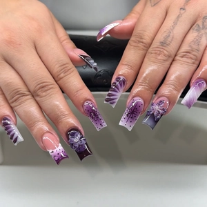 3D Floral Press On Nails Long Square Purple Gradient Fake Nails Rhinestone Decor Fashion Manicure Accessories For Women