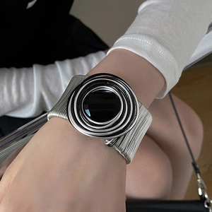 Punk Wide Open Cuff Bracelet For Women With Resin Geometric Concentric Circles Silver Wire Multi-Layer Vintage Industrial Style