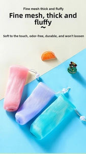 Close-up of three multilayer thickened foaming nets in pink, purple, and blue colors