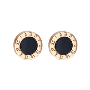 Titanium steel stud earrings in rose gold with black Roman numeral circular design