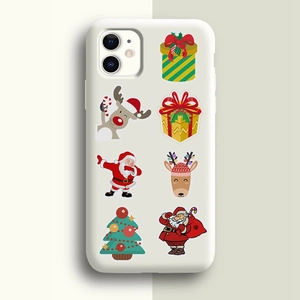 Detailed view of white iPhone case with festive Santa and reindeer cartoon patterns