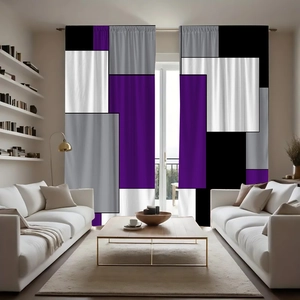 Modern geometric blackout curtains with purple black and grey patchwork for living room windows