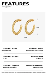 Detail view of 27mm 18K gold-plated stainless steel rope twist hoop earrings for women