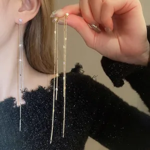 Elegant Long Tassel Dangle Earrings With Cubic Zirconia Copper And 925 Sterling Silver Earring Post For Women