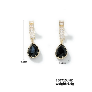 Detailed view of teardrop zircon earrings with black stones and 4.8cm height dimensions