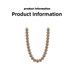 Close-up of champagne pearl necklace with glossy bronze beads and product information