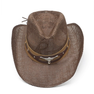 Classic brown western cowboy straw hat with silver bull head metal ornament and rivets